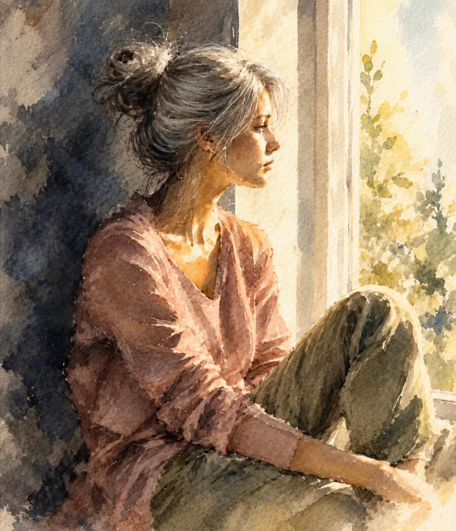 A woman in a dusty-pink blouse sitting beside a sunlit window, rendered in watercolor.